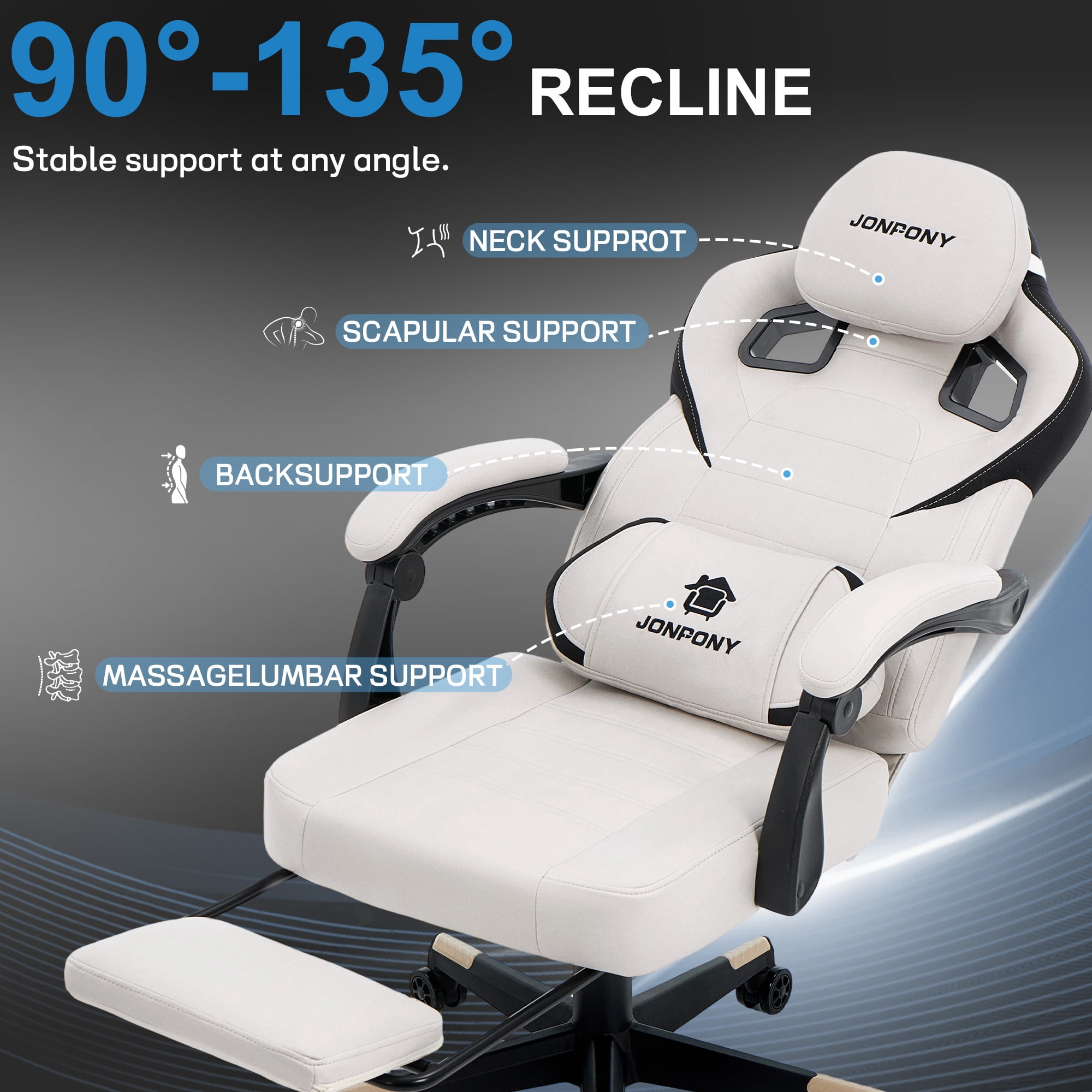 JONPONY Big and Tall Gaming Chair,Ergonomic Design with  Lumbar Cushion and Footrest,High Back Office Chair Support 8 Hours Long Sitting, Computer Chair,WHITE