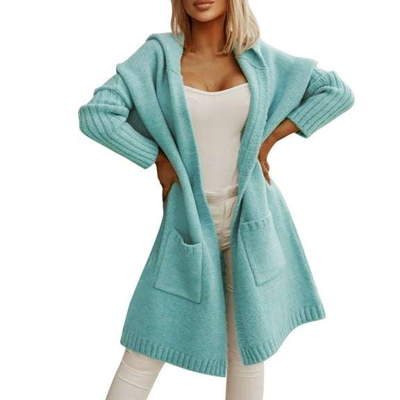 Niaviben Knit Cardigan Long Cardigans for Women Hooded Cardigan for Women Chunky Cardigan Crochet Sweater Knit Sweater Jacket Women Blue L