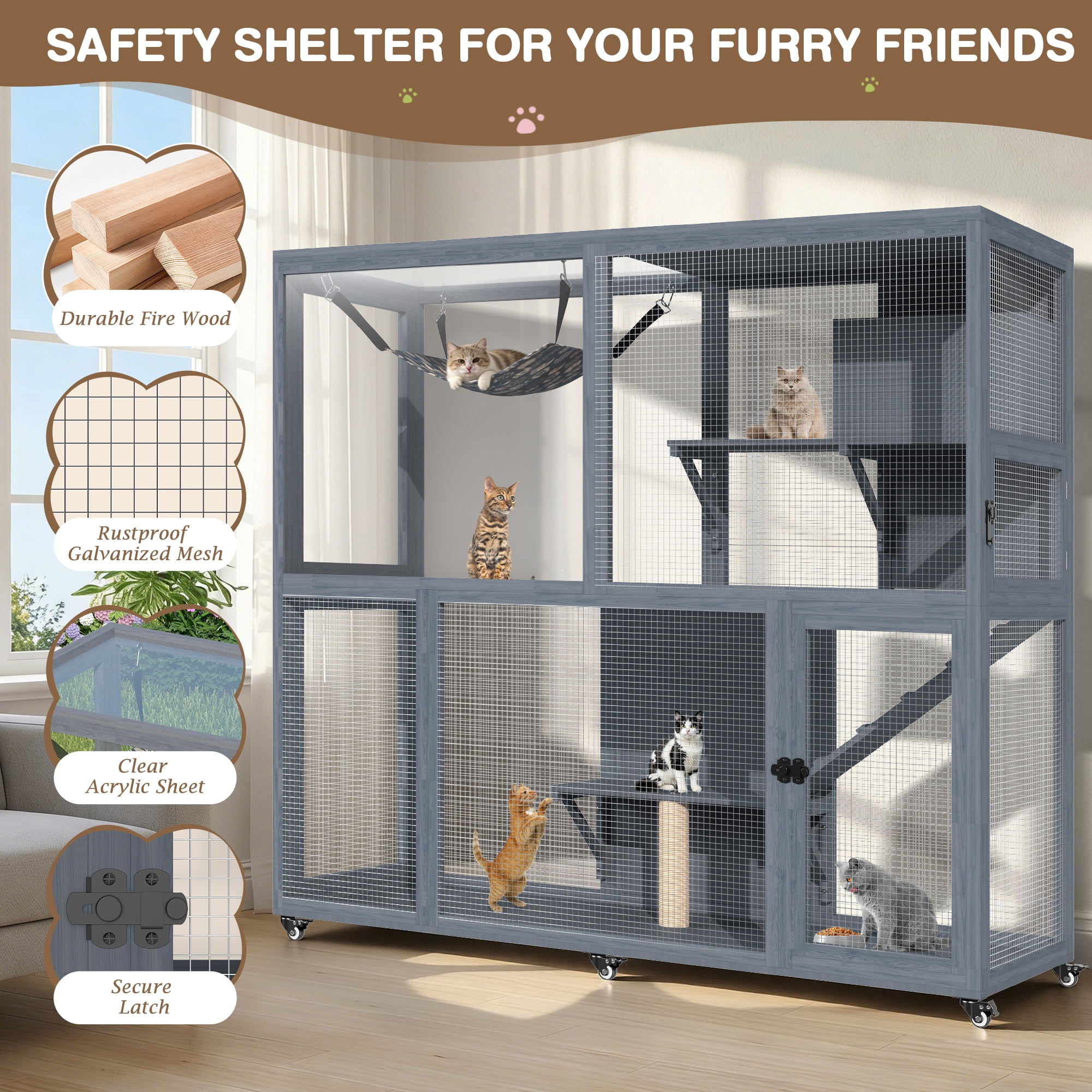Haverchair 4-Tier Catio Cat Enclosure Outdoor, Portable Cat House Cage for Multiple Cats Indoor, Wood Kitty Condo w/Waterproof Roof Wheels Platforms Hammock Scratching Post for Sunbathing Playing