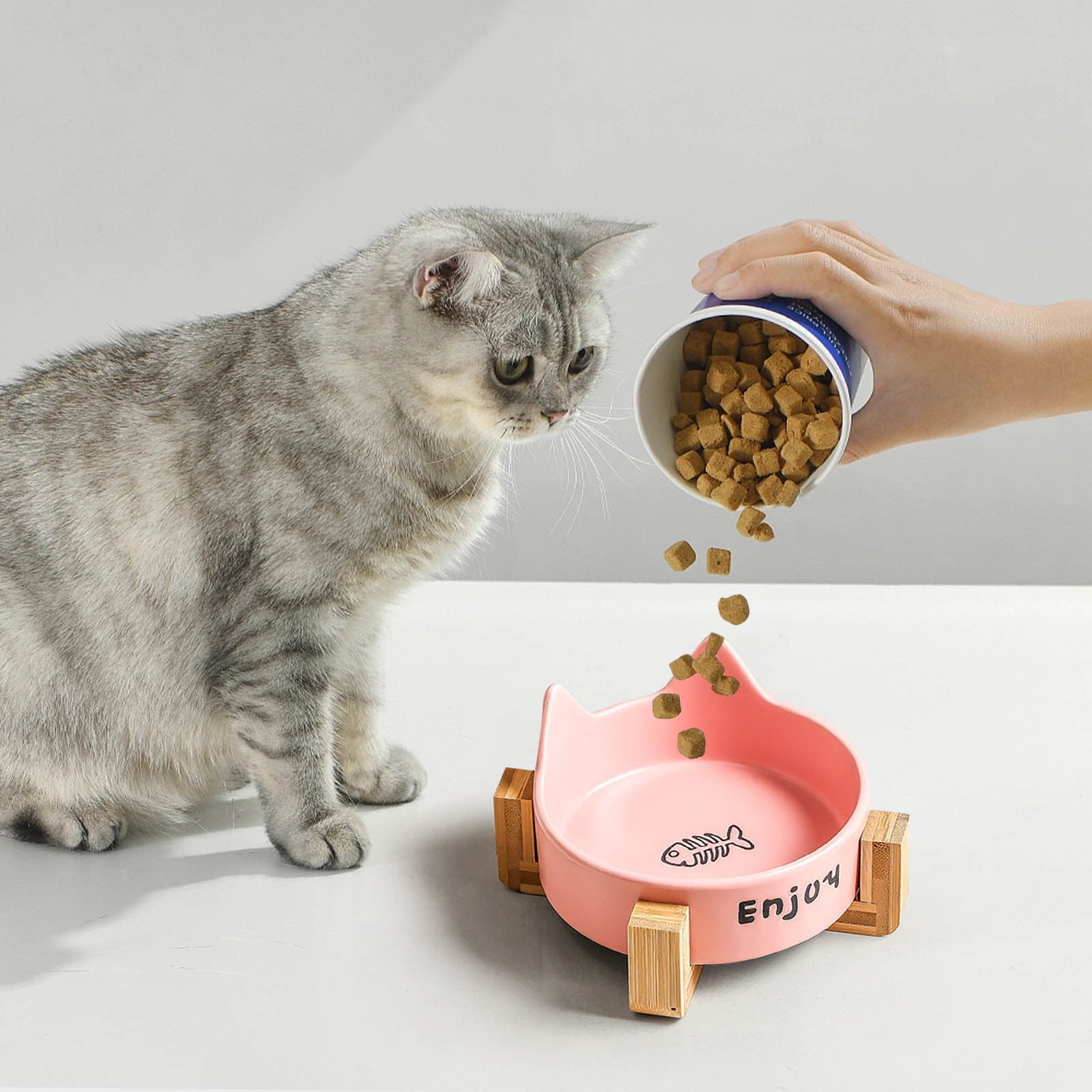 Ceramic Pet Food Water Bowl Set | Non-Slip Elevated Dog Dish with Wooden Stand | High Temperature Lead-Free | Easy Clean Modern Design | 2 Bowls | Cats Dogs