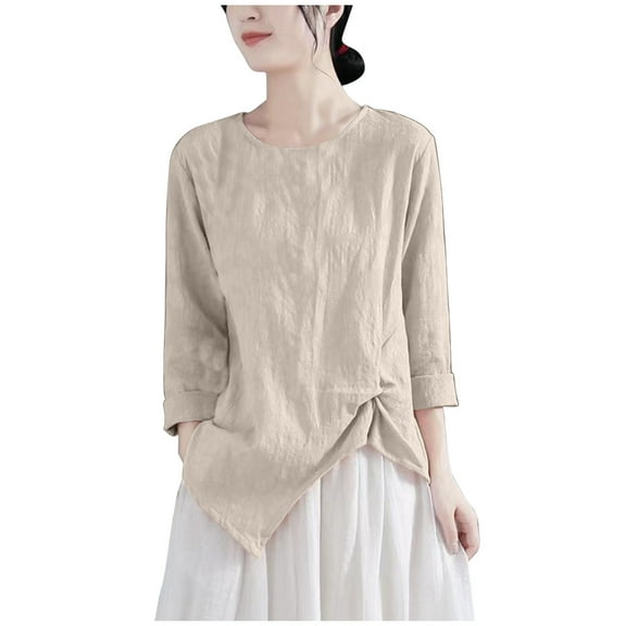 Lovskoo Cotton Linen Summer Tops for Women 2024 Round Neck 3/4 Sleeve Spring Casual Buttons Solid Color Blouse Loose Tops Beige