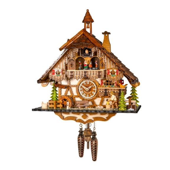 Quartz Cuckoo Clock Black Forest house with moving wood chopper and mill wheel, with music