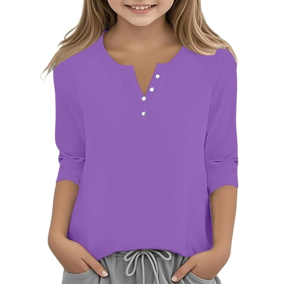 YunPes Unisex Kids 3/4 Sleeve Henley Shirts Dressy Button up V Neck Raglan Tops Loose Plain Fashion Blouse for Girls 3‐14 Years