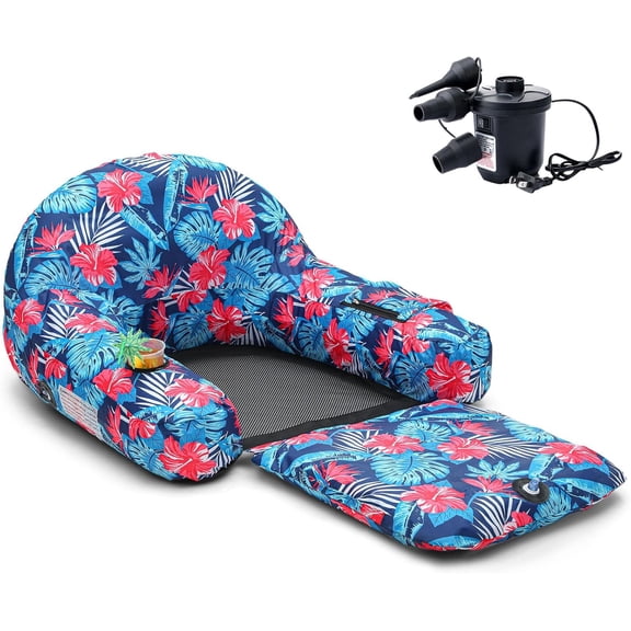 Fabric Covered Pool Float Lounge for Adults 2 in 1 Convertible Chair Lounger Large Inflatable Pool Rafts Heavy Duty Float Mattress with Quick Dry Cover, Electric Air Pump