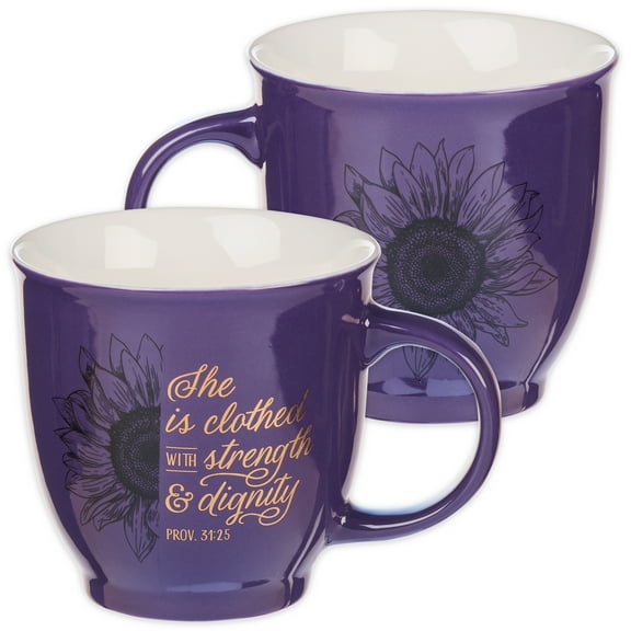 Strength and Dignity Proverbs 31 Woman Bible Verse Ceramic Coffee/Tea Mug  Purple Sunflower Christian Coffee Cup for Women, 14 oz