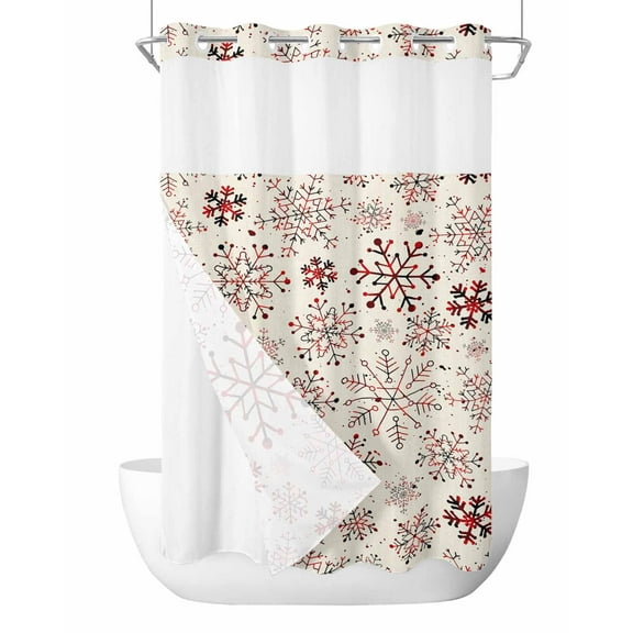 No Hook Shower Curtain with Snap in Liner,Vintage Winter Snowflakes Waterproof Bath Curtain Double Layers with See Through Top Window, Geometric Art on Linen Hotel Shower Curtains 36x72in