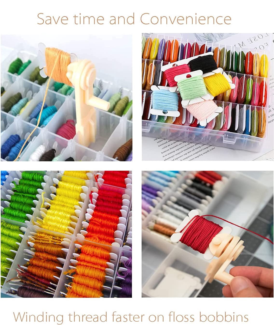 Embroidery Floss Cross Organizer Box Tools - 2Pcs Bobbin Winders, 1 Removable 36 Compartments with 250 Hard Plastic Color Floss Bobbins for Cross Stitch Craft DIY Sewing Jewelry (253pcs)