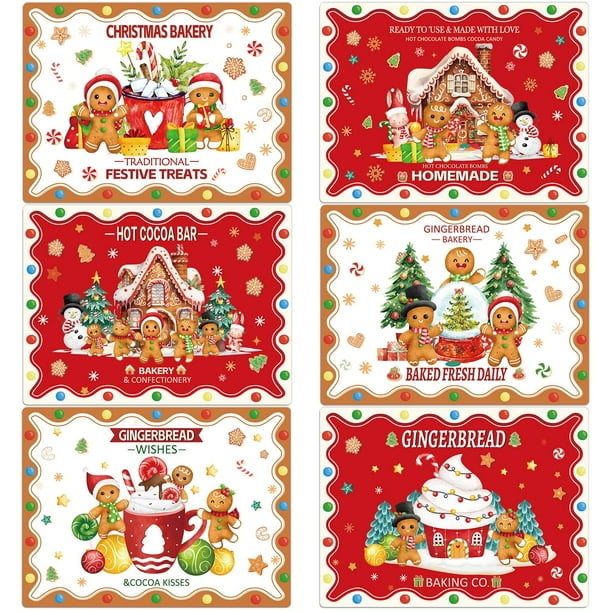 Juego de 6 manteles individuales navideños, retro, de plástico, pan de jengibre, panadería, pan de jengibre, decoración de mesa navideña para interiores y exteriores, fiestas, cocina y comedor