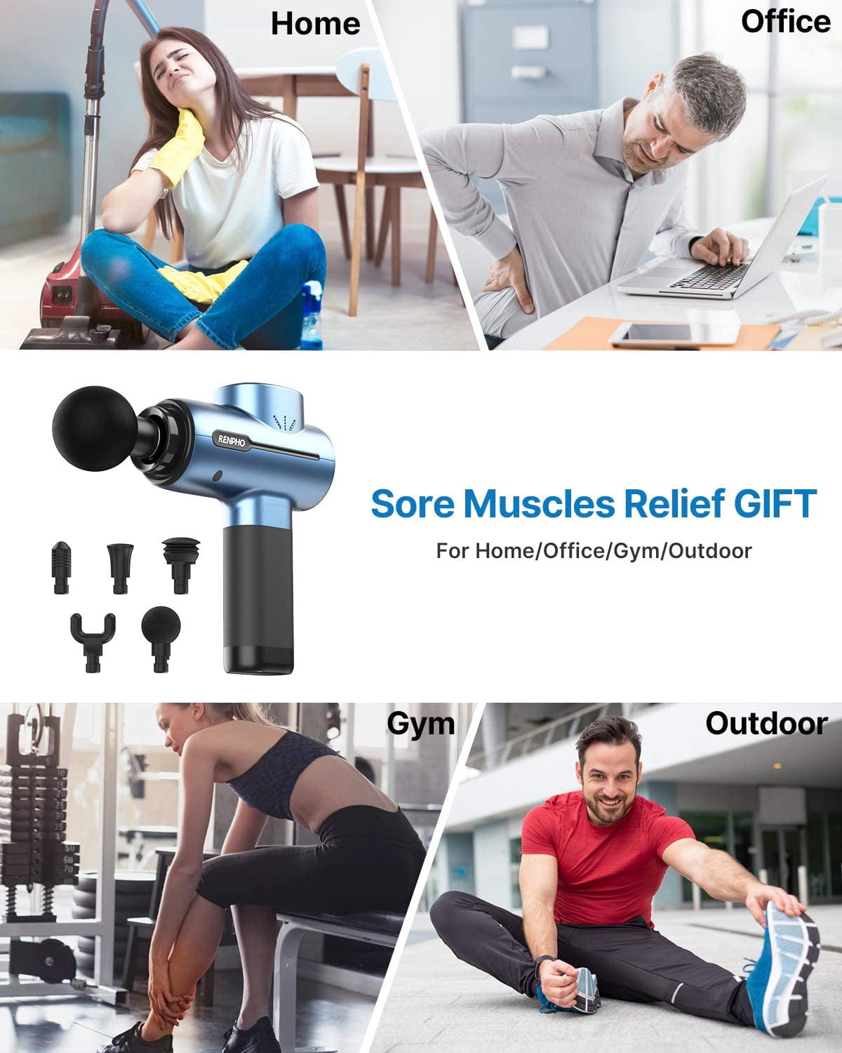 RENPHO Mini Massager Gun Deep Tissue with 5 Intensity for Body Muscle, FSA HSA Eligible,Handheld Portable Percussion Massager for Back & Neck, Christmas Gift for Men Women Father He, Blue
