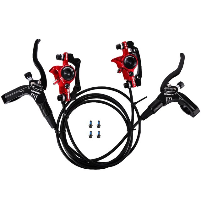 Tignapoo Mountain Bike Hydraulic Brake Set with Oil Pressure System - Red Front Left & Rear Right, CNC Machined Aluminum Alloy, 22.2mm Handlebar Compatible, Includes 800mm Front & 1450mm Rear Brake