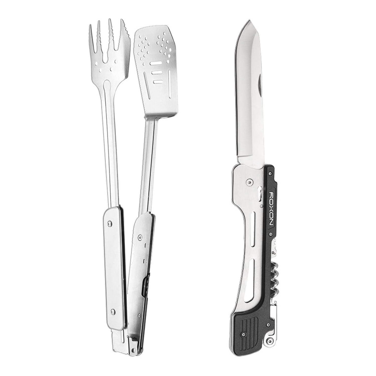 Roxon 6-in-1 Collapsible Grill Multitool - Fork, Spatula, Corkscrew, Knife, Tong for Outdoor Grilling