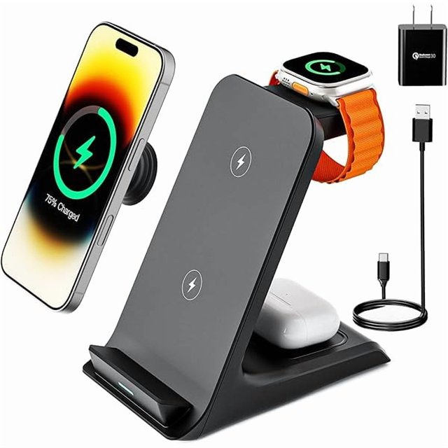 wonima02 Wireless Charger for Thick Cases of 10MM/Otterbox/Popsocket Compatible, 3 in 1 Charging Dock for iPhone 16 15 14 13 12 Pro Max, Charging Station for Multiple Devices for Apple Watch/AirPods