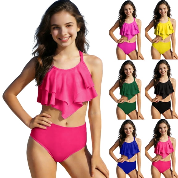 Girls Swimsuit 2 Piece Bikini Set Tiered Ruffled Bathing Suit Adjustable Straps Top and High Waist Bottom Summer Swimwear
