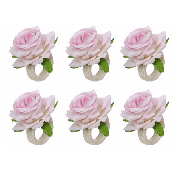 Lino Artificial Flower Samkkin Ring Portable Reutilizable Resutable Soporte de escritorio interior Decoración romántica Casa de regalo Rosa 6 piezas Inevent HA059289-03