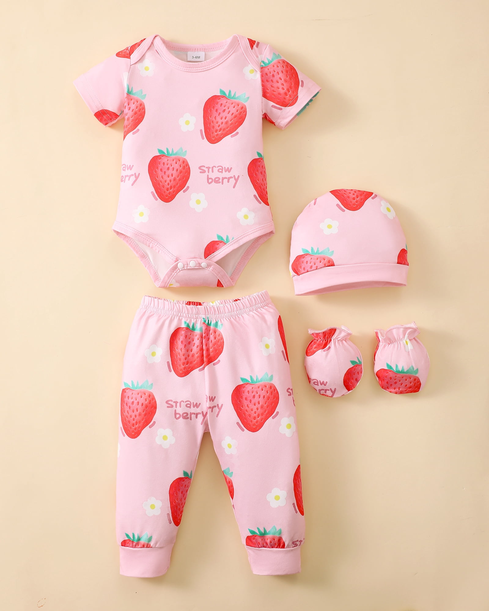 KIMI BEAR Newborn Baby Girls Summer Outfits 0-3 Months 4-Pack Layette Set Short Sleeves Romper Top Strawberry Watermelon Floral Pants Set Hat Gloves 16Pcs Pink