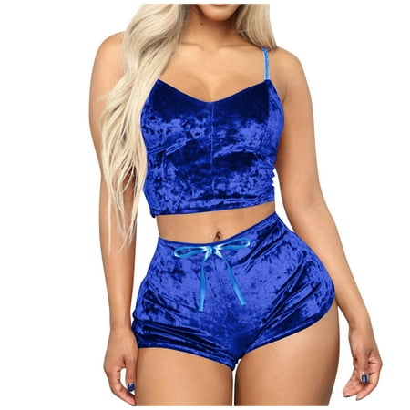 

ZMHEGW Sleepwear For Women Lingerie Velvet 2 Pieces Romper Outfit Sleeveless Crop Top Camisole Shorts