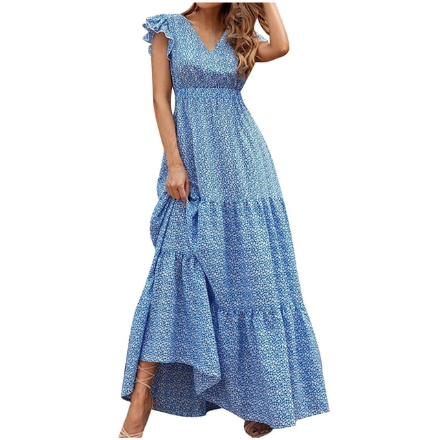 Pisexur Robes pour Femmes Mode Bohème Imprimé Floral Robes d'Été Décontractées Tunique Fluide Manches Courtes Col en V Robe de Plage Tendance Ample Confortable Légère Taille Haute Longue Robe