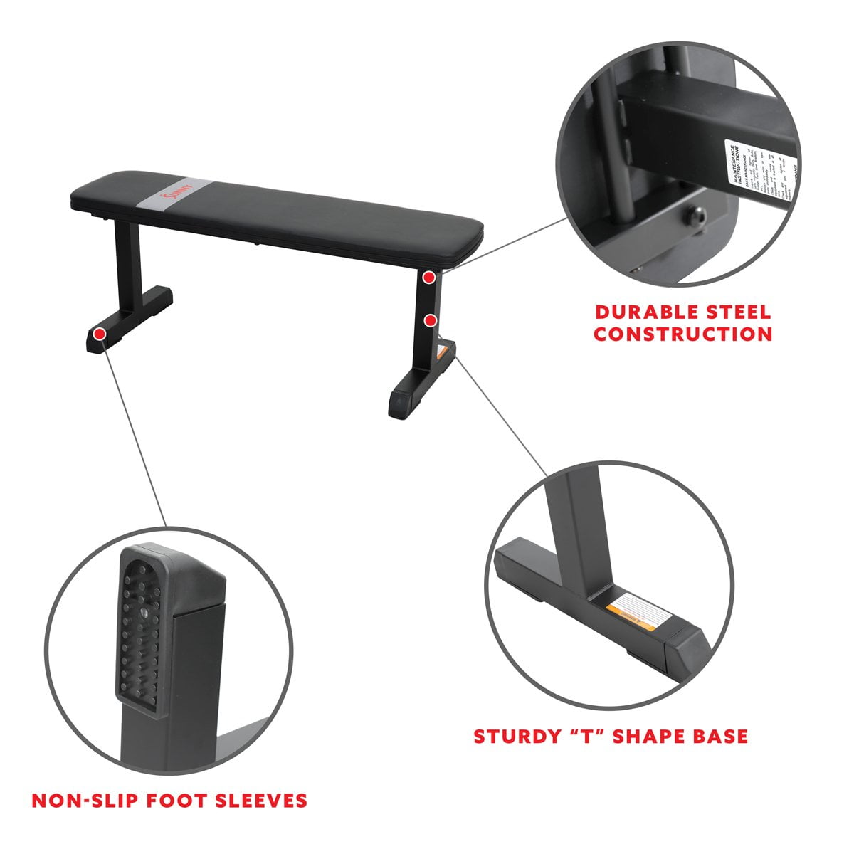 Sunny Health & Fitness Flat Weight Bench for Workout, Exercise and Home Gyms with 800 lb Weight Capacity - SF-BH620037