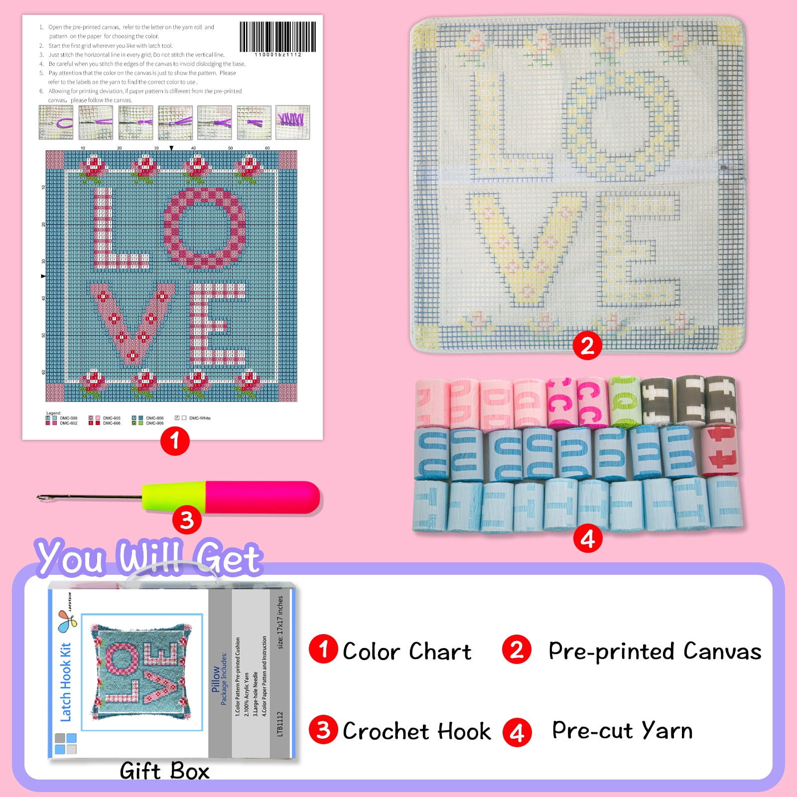Latch Hook Kits for Adults Kids,Santa Claus Pattern Color Printed Canvas DIY Throw Pillow Cover,Beginners Handmade Needlework Crafts Home Decoration 17x17inch