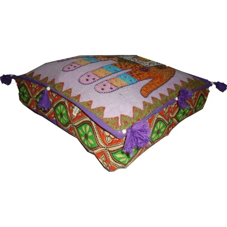Tugana Craft Handmade Applique work Boho Pouf Ottoman Case Floor seat Cover 17"x17" with Tassels