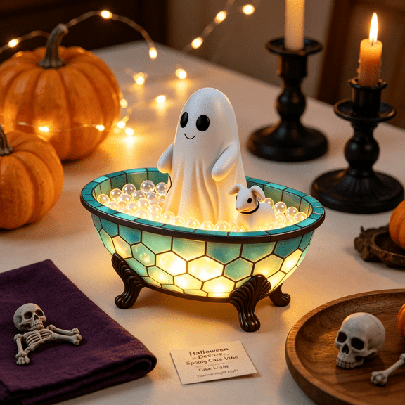 Halloween Cute Ghost Bathtub Lamp, Stained Glass LED Night Light, Spooky Autumn Decor, Bedside Table Lamp, Halloween Thanksgiving Home Decoration White