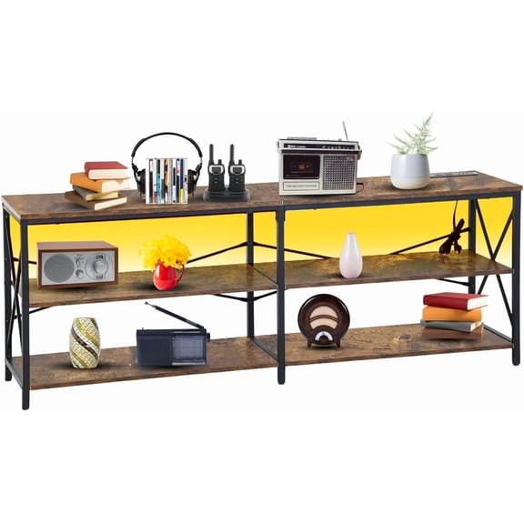 HYJY 63” TV Stand with Power Outlets, 2 USB Row Plugs & LED Lights, TV Media Console with 2-Tier Storage Shelves, Entertainment Center for Living Room & Bedroom, Rustic Brown