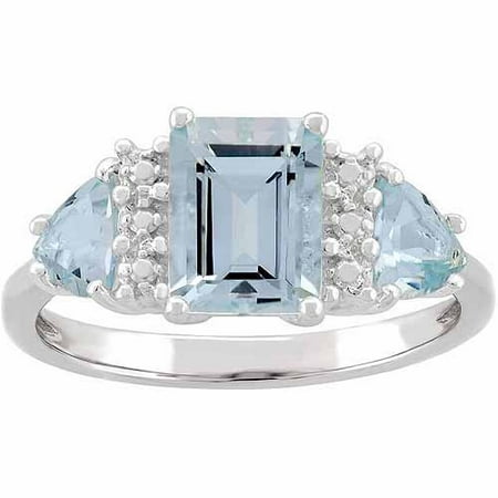 Aquamarine Sterling Silver Side Trillions and Emerald-Cut Center Three-Stone Ring