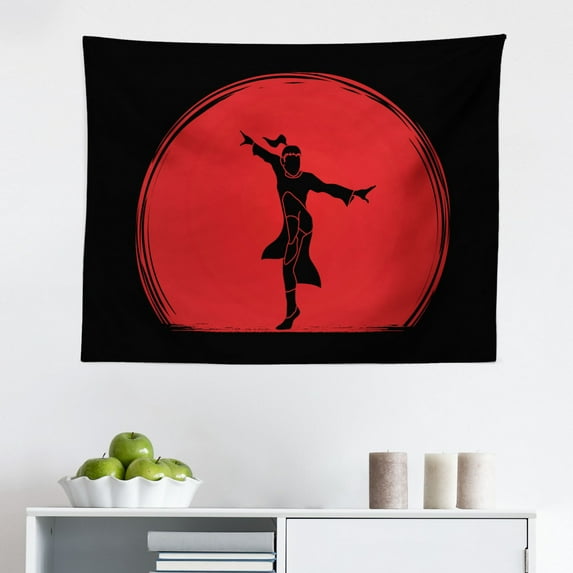 Kung Fu Tapestry, Oriental Themed Swirling Dragon with Yin Yang, Fabric Wall Hanging Decor for Bedroom Living Room Dorm, 2 Sizes, Grey White, by Ambesonne