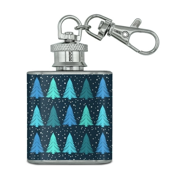 Snowy Christmas Trees Pattern Stainless Steel 1oz Mini Flask Key Chain