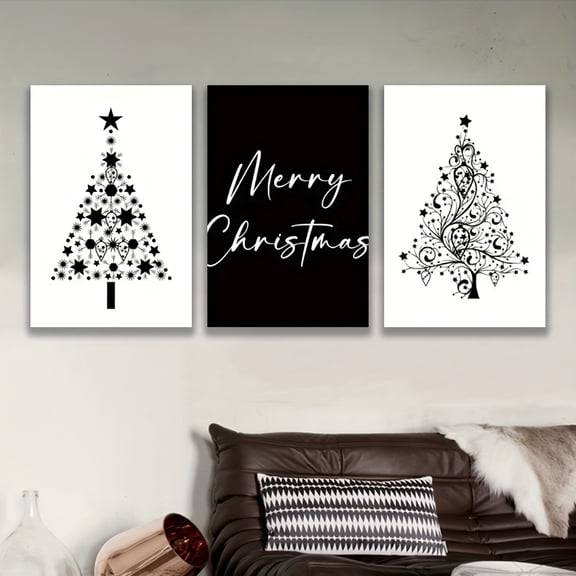 2D Flat 3pcs Merry Christmas Wall Art Set - Frameless Decorative Posters with Tree & Star Designs, Black & White Holiday Home Decor for Living Room, Bedroom, Kitchen, Perfect Gift for Mother'S Day,