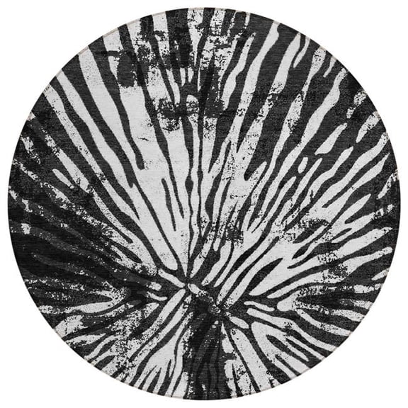 HomeRoots 587994 8 ft. Round Abstract Washable Indoor & Outdoor Area Rug, Black, Charcoal & Ivory