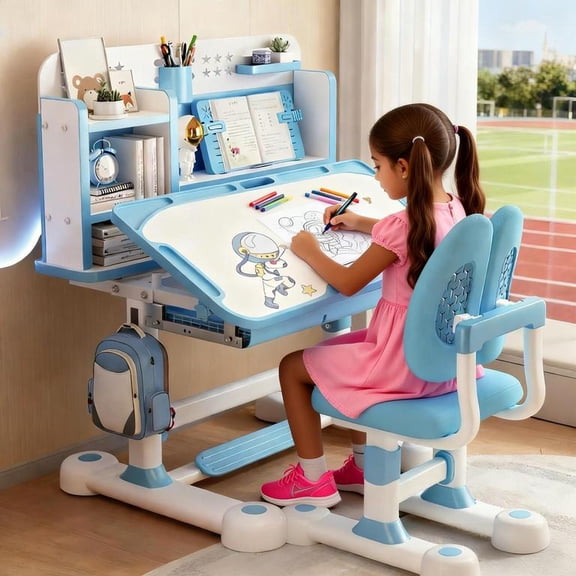 YNCE 2025 Upgraded Kids Desk and Chair Set, 50 Degree Tiltable&Height Adjustable Kids Desk with Storage Drawers and Bookshelf, Ergonomic Study Table for Kid