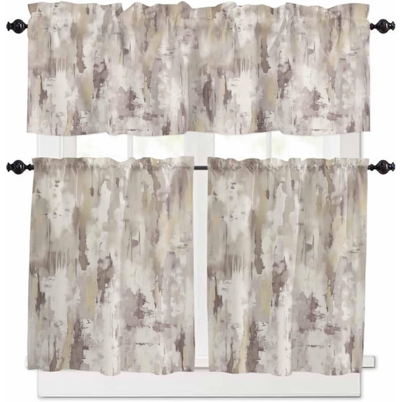 Brown Kitchen Curtains and Valances Set, Rod Pocket Curtains Tier Farmhouse Window Curtains 24 Inch Length, Retro Modern Farmhouse Texture Abstract Ombre 3 Piece Kitchen Curtains Set