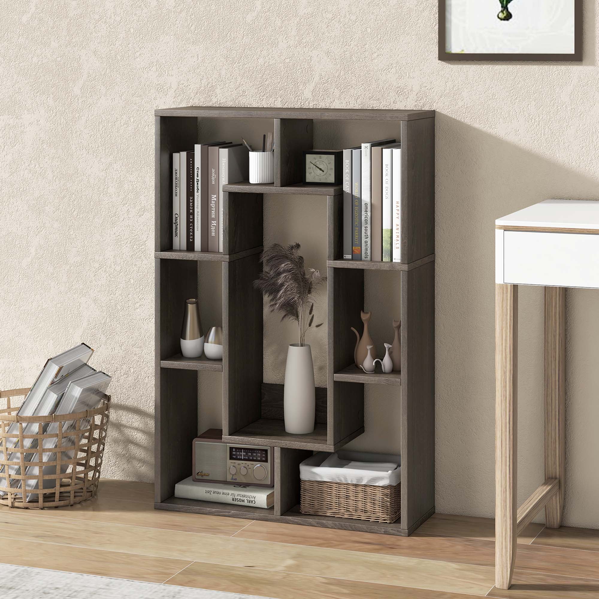 Costway 7-Cube Geometric Bookshelf with Anti-Toppling Device Modern Open Bookcase Grey