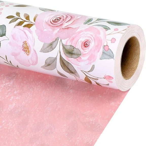 LaRibbons 17" X 33' Reversible Wrapping Paper - Pink Watercolor Roses w/ Pink