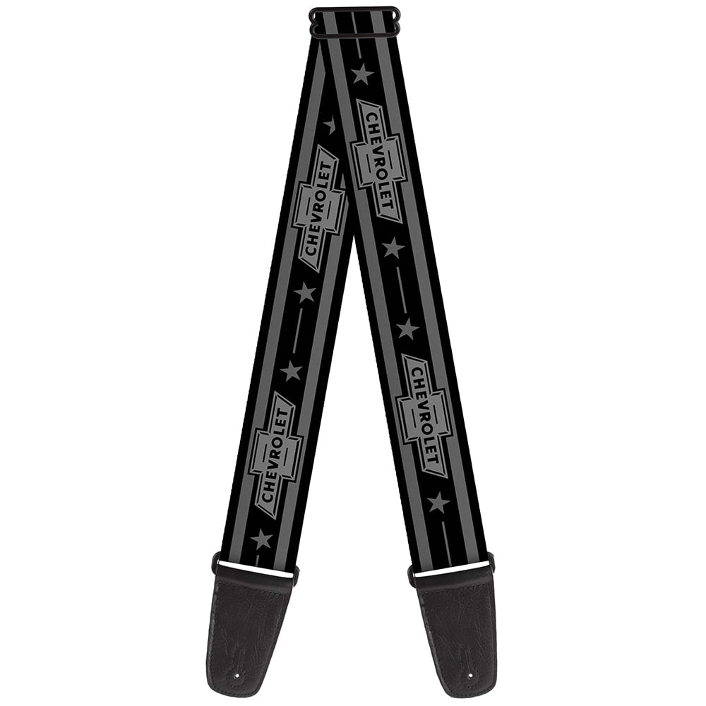 GM General Motors Guitar Strap, Vintage Chevrolet 1934 Bowtie Logo Stars Stripe Black Grays, 2 Inches Wide