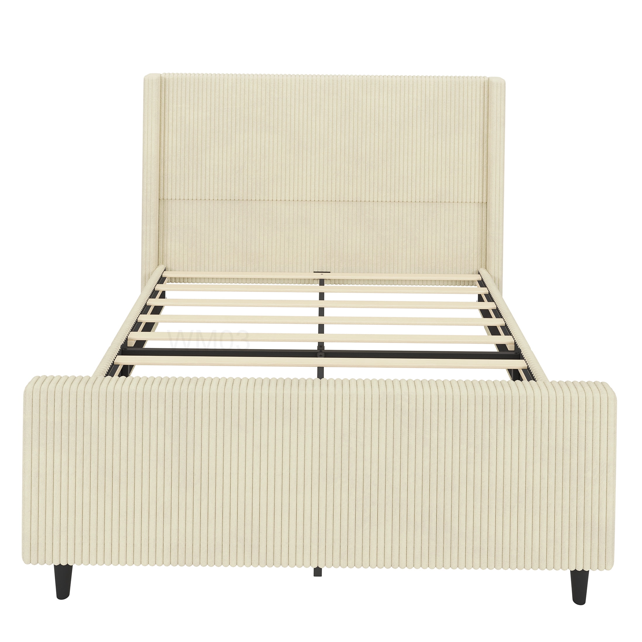 Modern Cream Corduroy Upholstered Queen Bed, Wingback Headboard Platform Frame with Storage Space