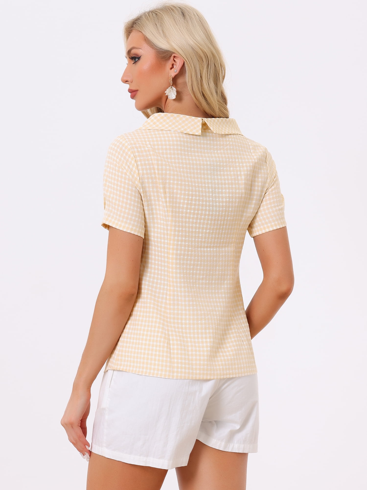 DARING DIVA Short Sleeve Casual Checked Top S Light Yellow