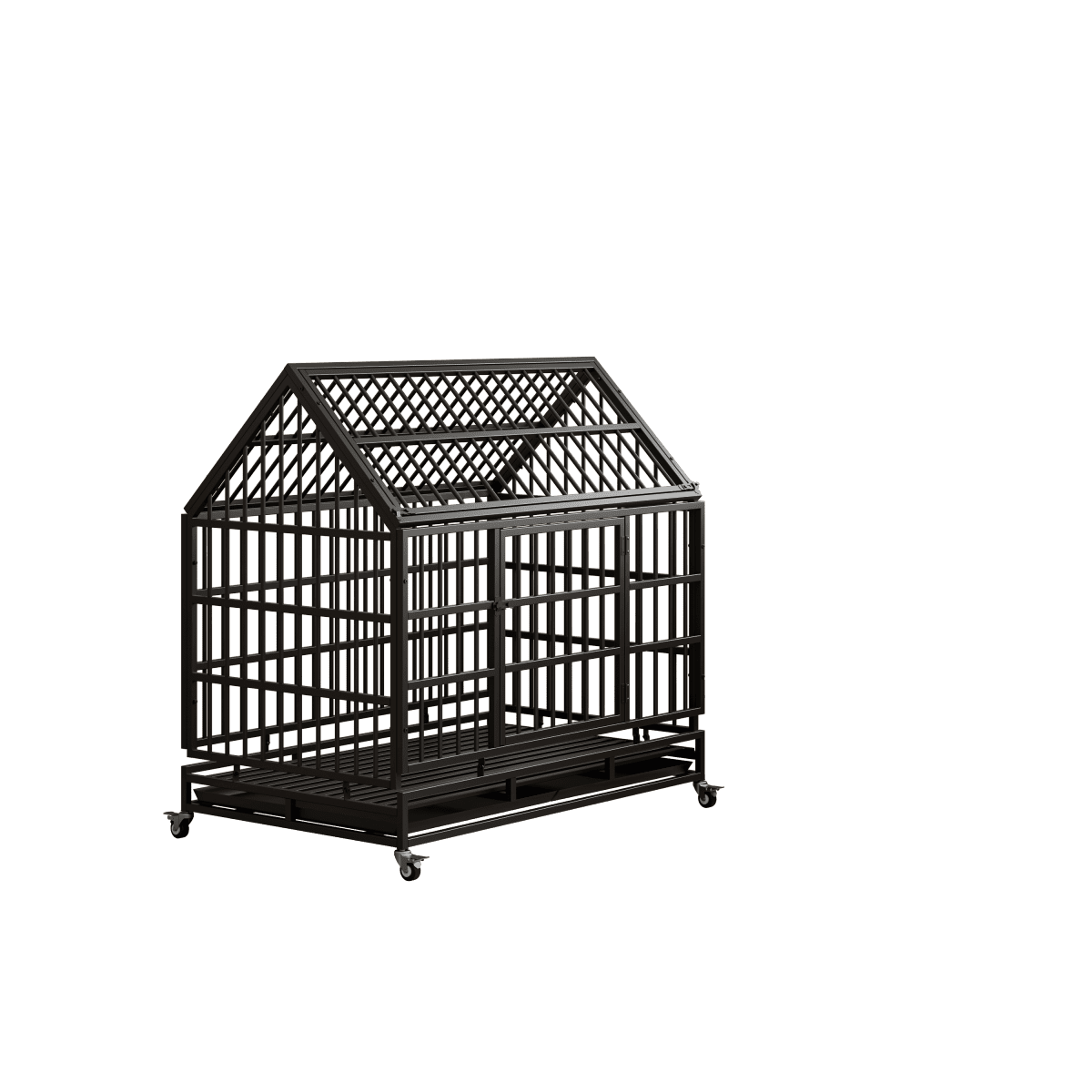 Black 48 Inch Heavy Duty Folding Dog Crate with Wheels Removable Tray