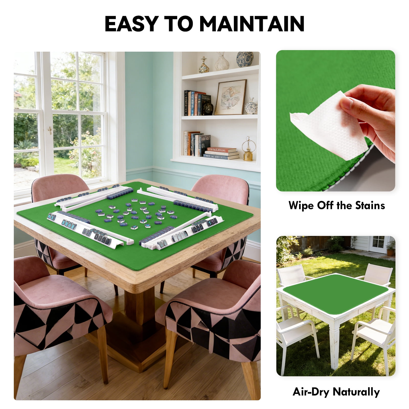 Noise Reducing Anti-Slip Table Cover Pad | Portable Game Mat for Mahjong, Poker, Cards, Dominoes with Carry Bag (Green)