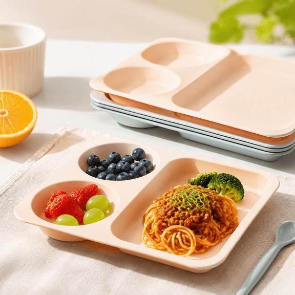 6pc Kids 9.5" Square Divided Plastic Plates, Microwave & Dishwasher Safe, Reusable Dining Plates for Kids Ages 3
