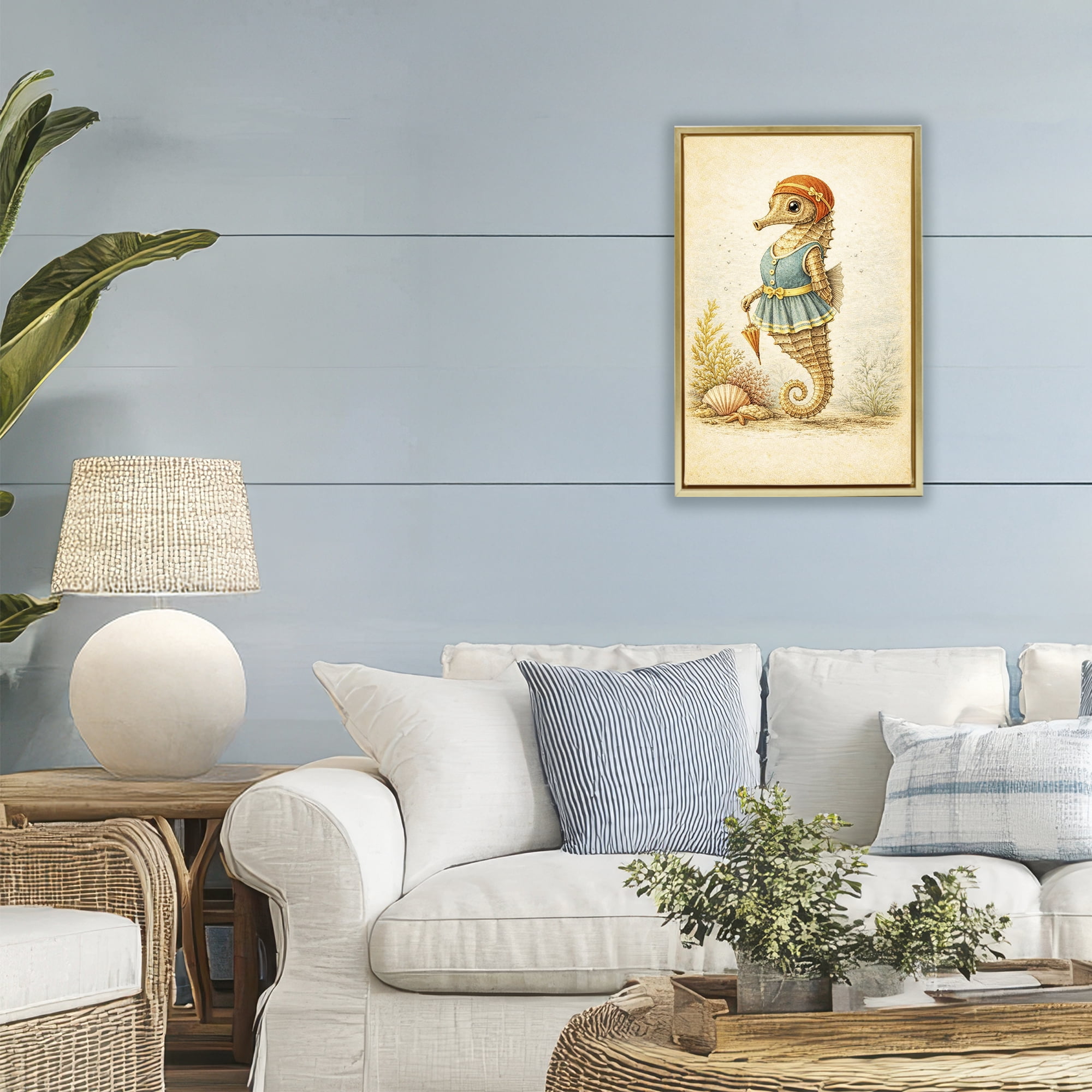Stupell Industries Maritime Bathing Society Seahorse Gold Framed Floater Canvas Wall Art, design by Grotto Studios
