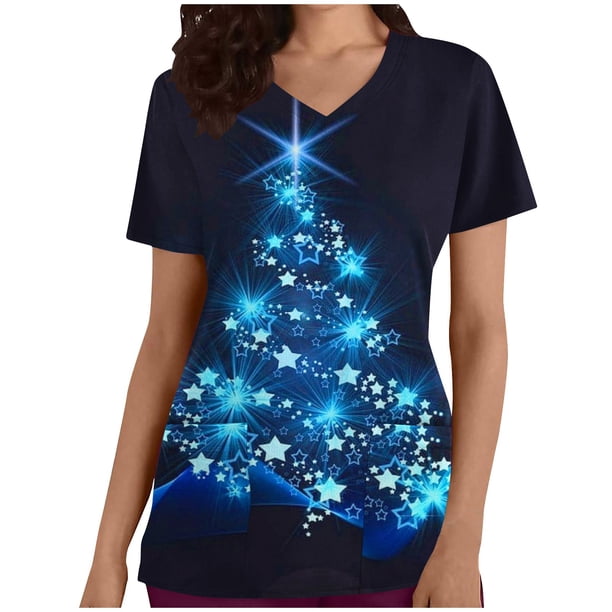 Blusa de Manga Corta, Cuello en V Impresión de Bolsillo Superior, Moda de la Mujer Casual Poliéster Blusa de Spandex