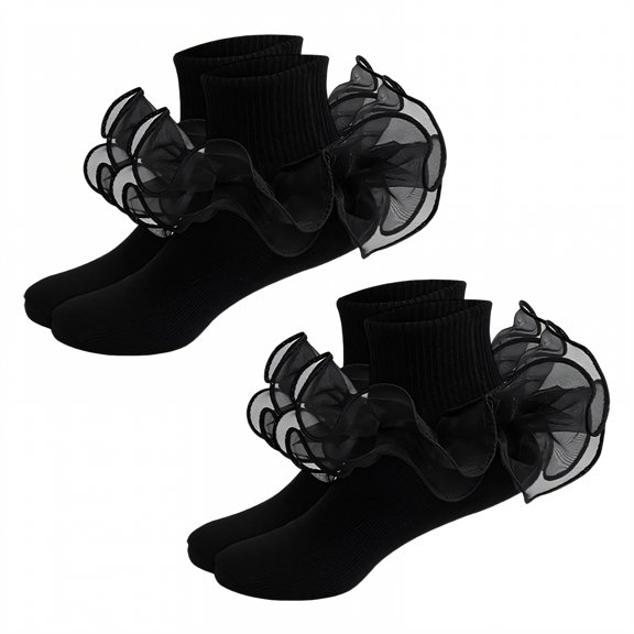 TELOLY 2Pairs Kids Socks,1-3 Years Old Ruffle Socks,Student Dance Socks Lace Socks,Black,S
