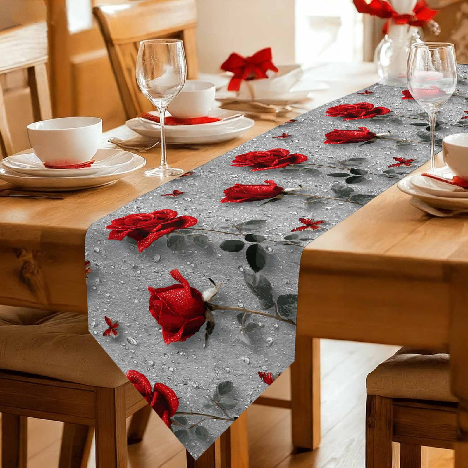 Red Roses Table Runner Linen Burlap Table Runner 90 Inches Long Valentine's Day Butterflies Floral Romantic Gray Dresser Scarves for Kitchen Island Coffee Dining Party Wedding Holiday Decor 13"x90"