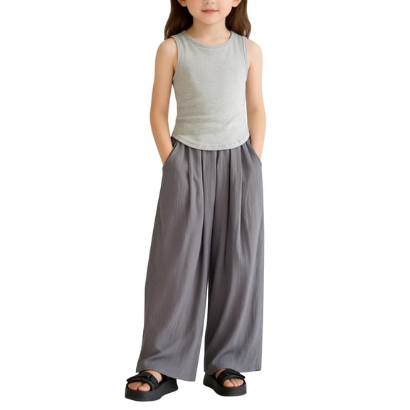 Ruyang Girls Wide Leg Pants Flowy Loose Fit Palazzo Pants for Kids Elastic High Waist Baggy Trouser Lightweight Casual Beach Bottoms