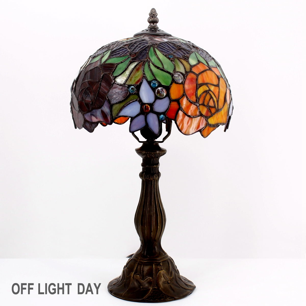 Werfactory 18” Victorian Energy Efficient Bronze Table Lamp with Stained Glass Rose Shade