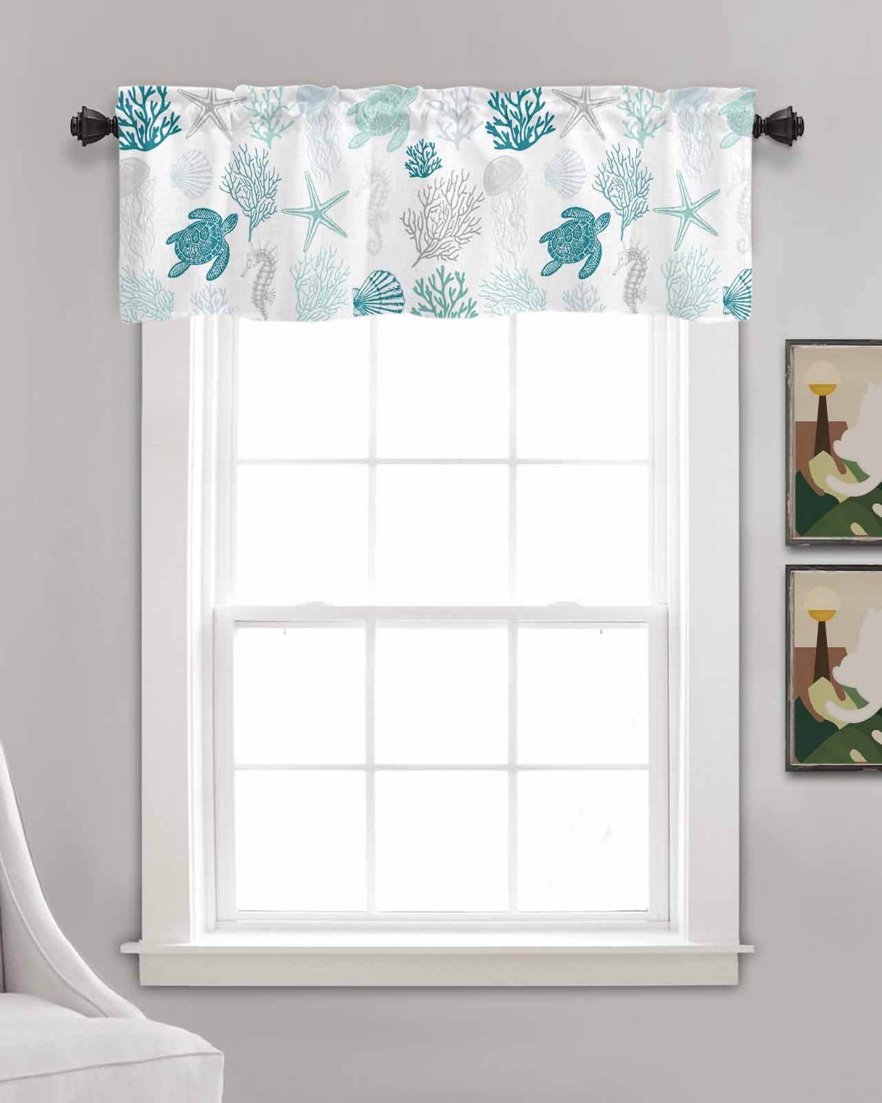 Coastal Turquoise Turtle Linen Curtain Valance for Bedroom/Bathroom/Kitchen/Office/Living/Dining Room Windows,Watercolor Gradient Coral Shell White Pocket Topper Drapes Decorative Cafe Drapery 54x18