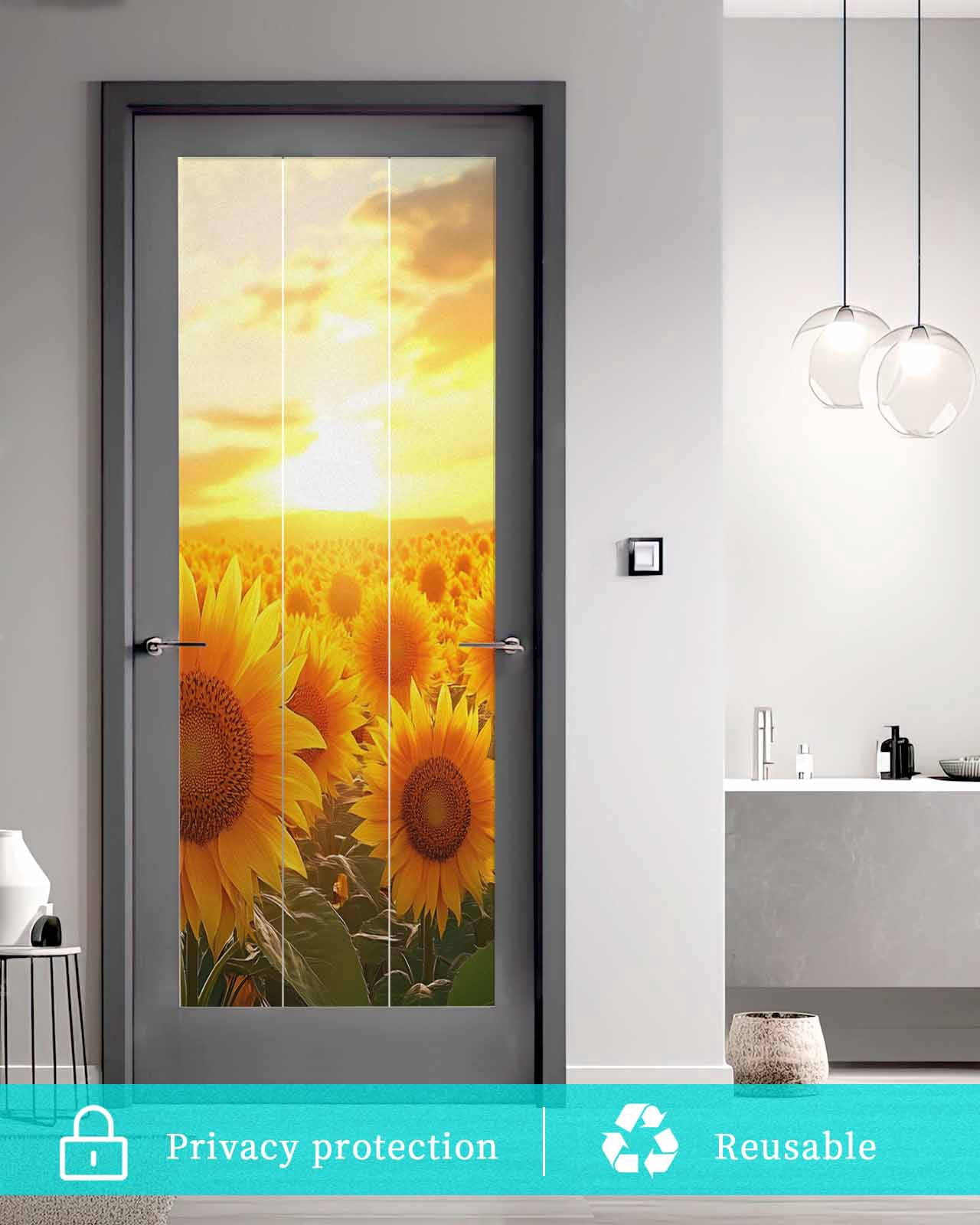 Window Privacy Film Summer Sunflowers Stained Glass Window Film Decorative Sun Block Window Cover Farmhouse Botanical Floral Sunset Window Clings Static Adhesive Sticker for Bathroom 23.6"x59"