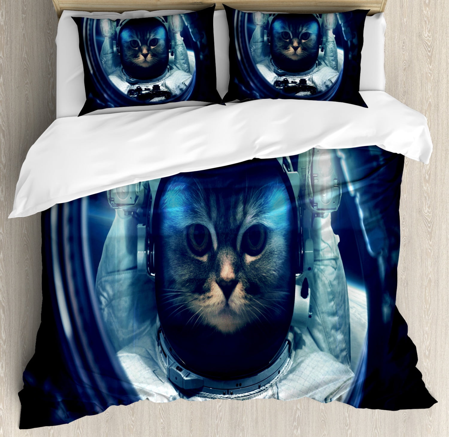 Space Cat Duvet Cover Set, Kitty in Space Suit Loking From Rocket in